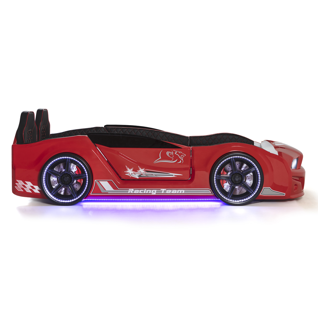 Muscle Racer Bed with red car-shaped frame, glowing blue lights, and illuminated wheels