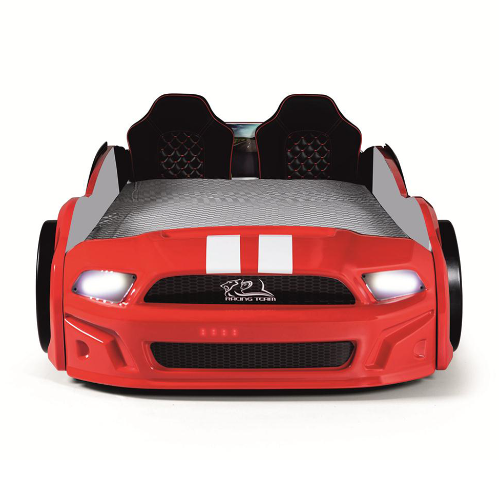 Red Muscle Racer Bed frame with white racing stripes and working headlights for kids car bed