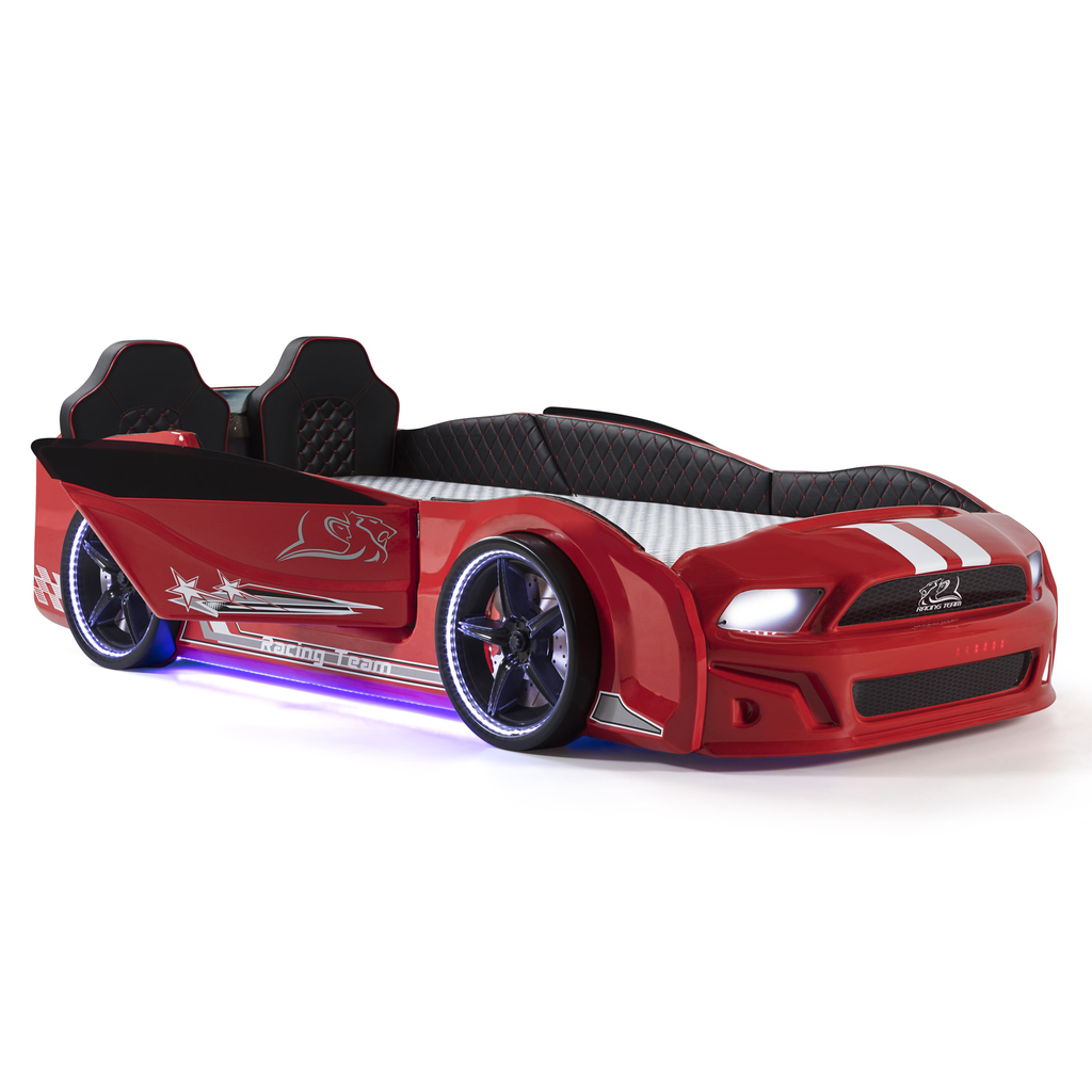 Red muscle racer car bed with black accents and LED lights, perfect for kids