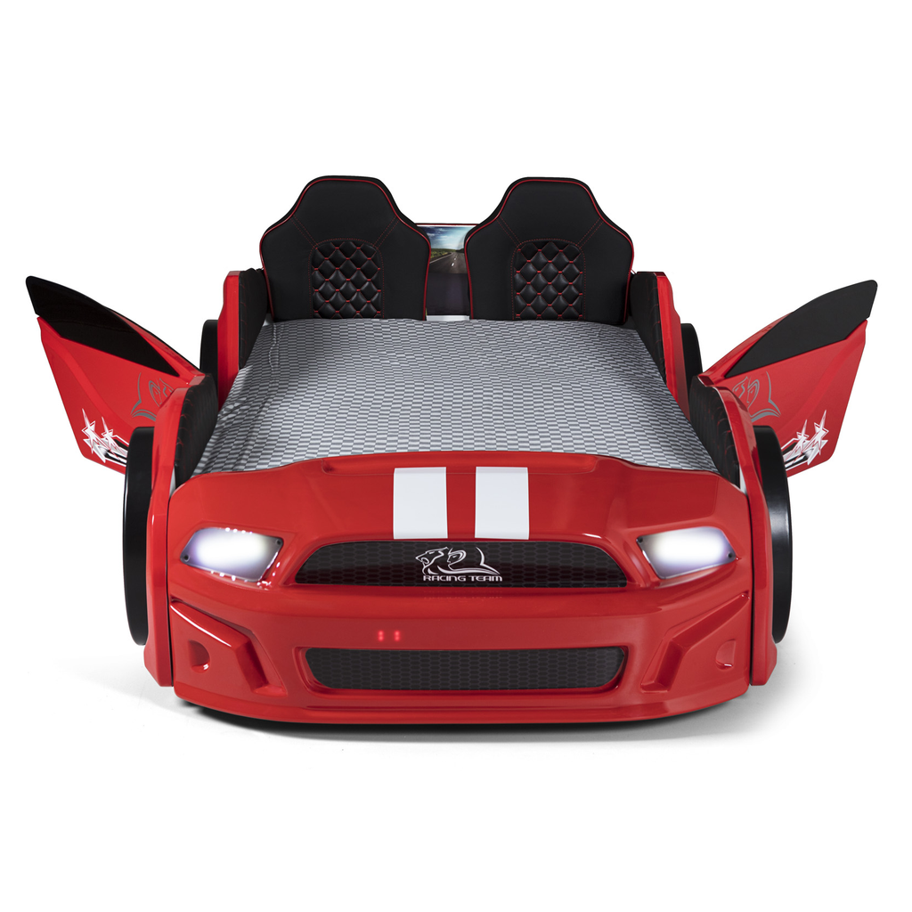 Red Muscle Racer Bed with working headlights and opening doors, perfect car bed for kids