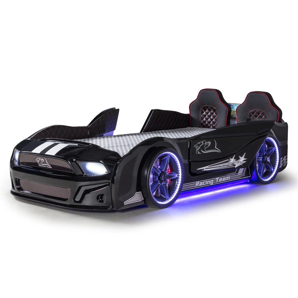 Black Muscle Racer Bed with LED lights and racing seats, perfect car bed for kids