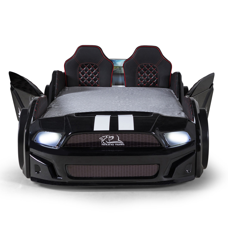 Black muscle racer car bed with white racing stripes and racing-style headrests