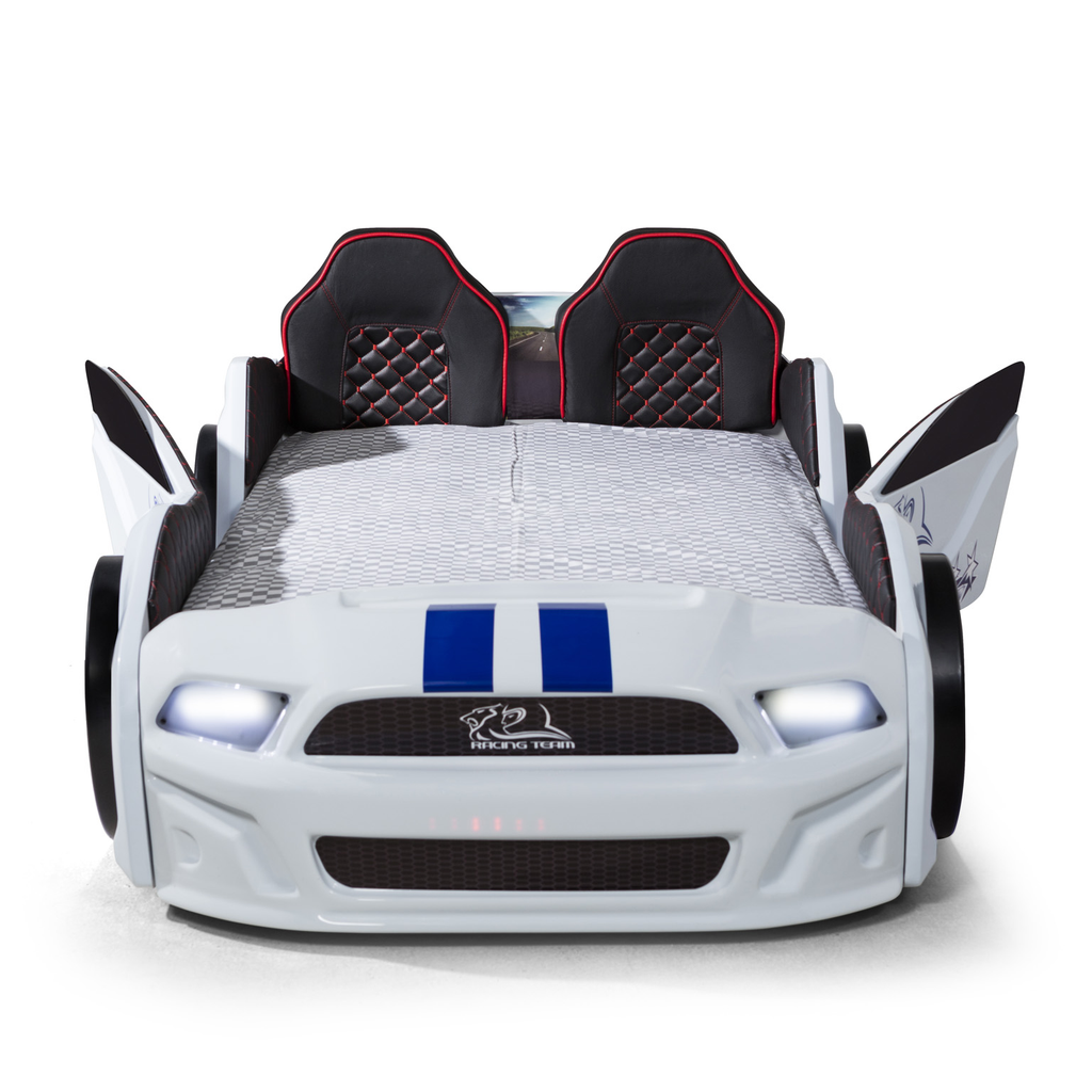 White Muscle Racer Bed with racing seats, blue stripes, and working headlights for kids
