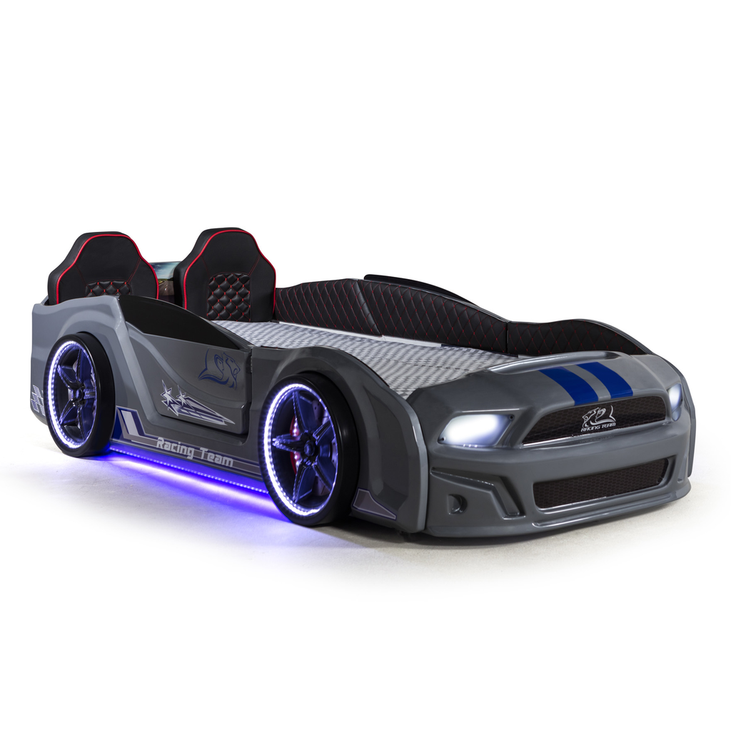 Muscle Racer Bed car bed for kids with gray sports car design, blue racing stripes