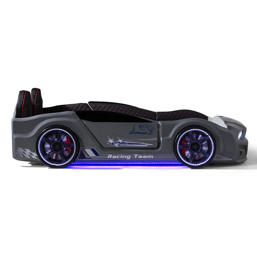 Gray muscle racer car bed with illuminated wheels and underglow for the Muscle Racer Bed
