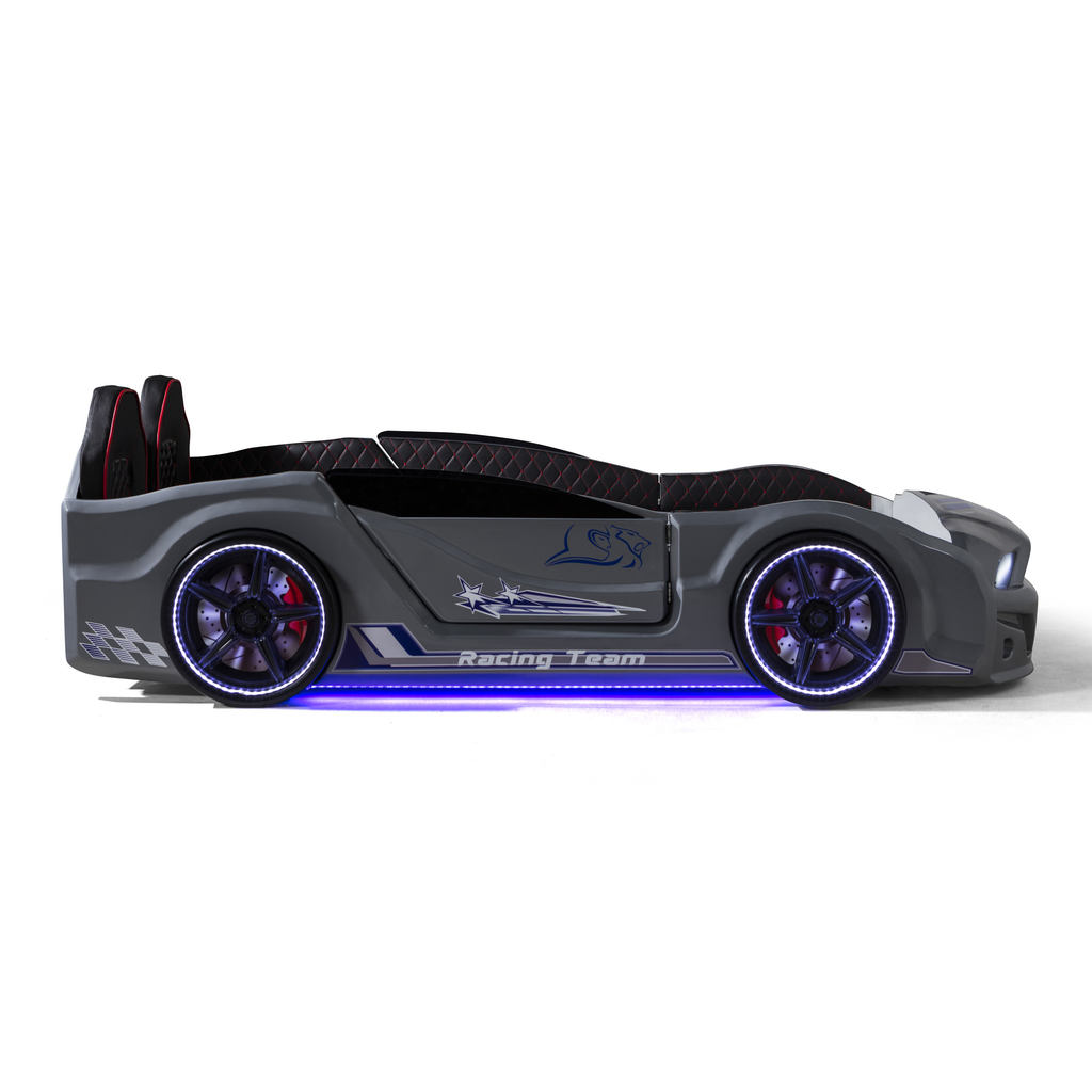 Gray muscle racer car bed with blue underglow lighting for the Muscle Racer Bed collection