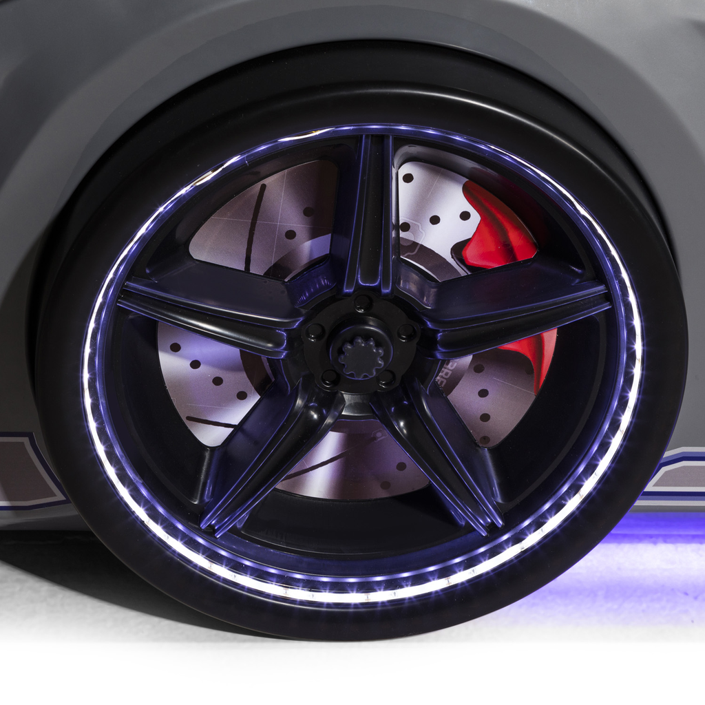 Muscle Racer Bed car bed with black rims, LED lighting, and red brake caliper