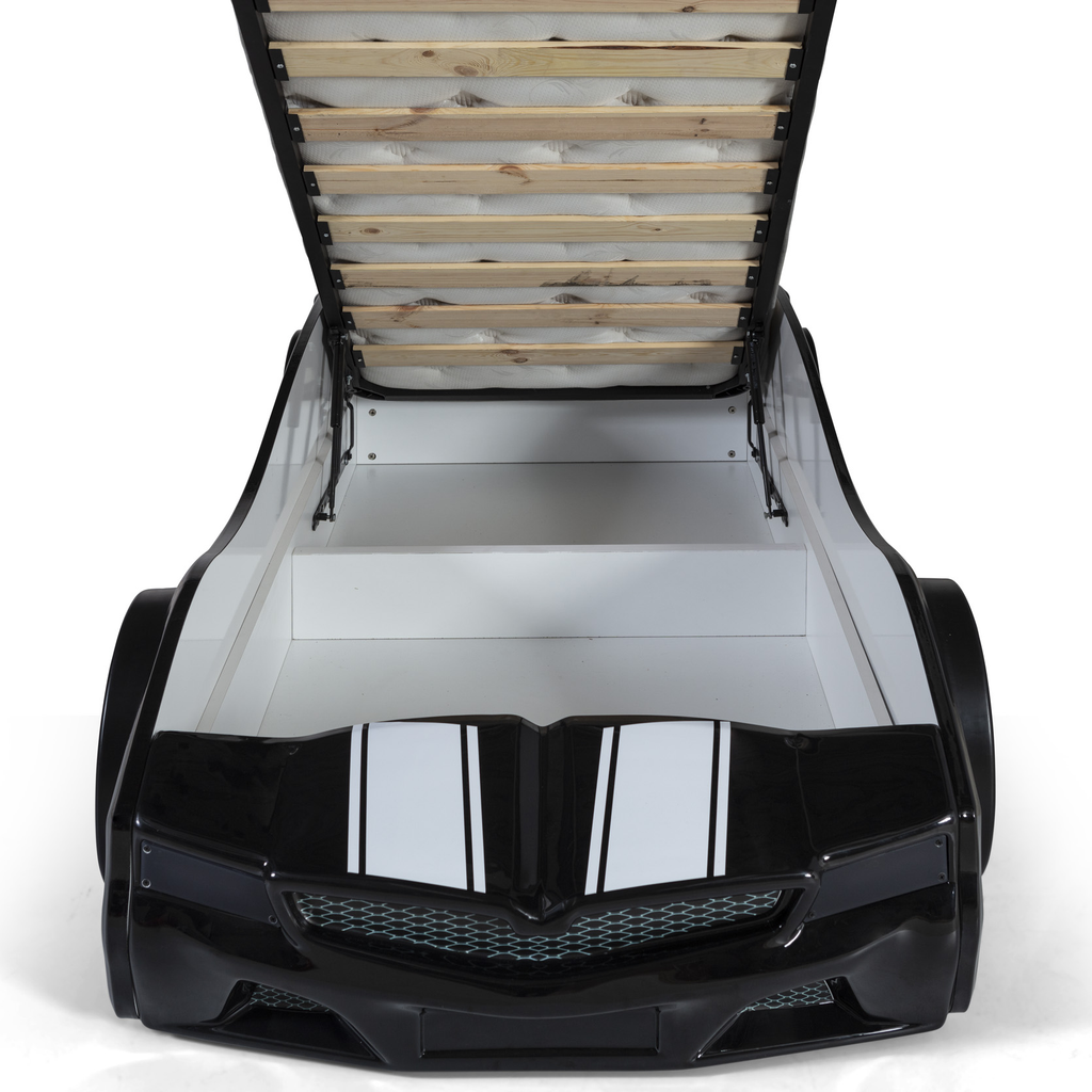Thunder Racer Bed by Lynda Kids featuring a black race car design and under-bed storage