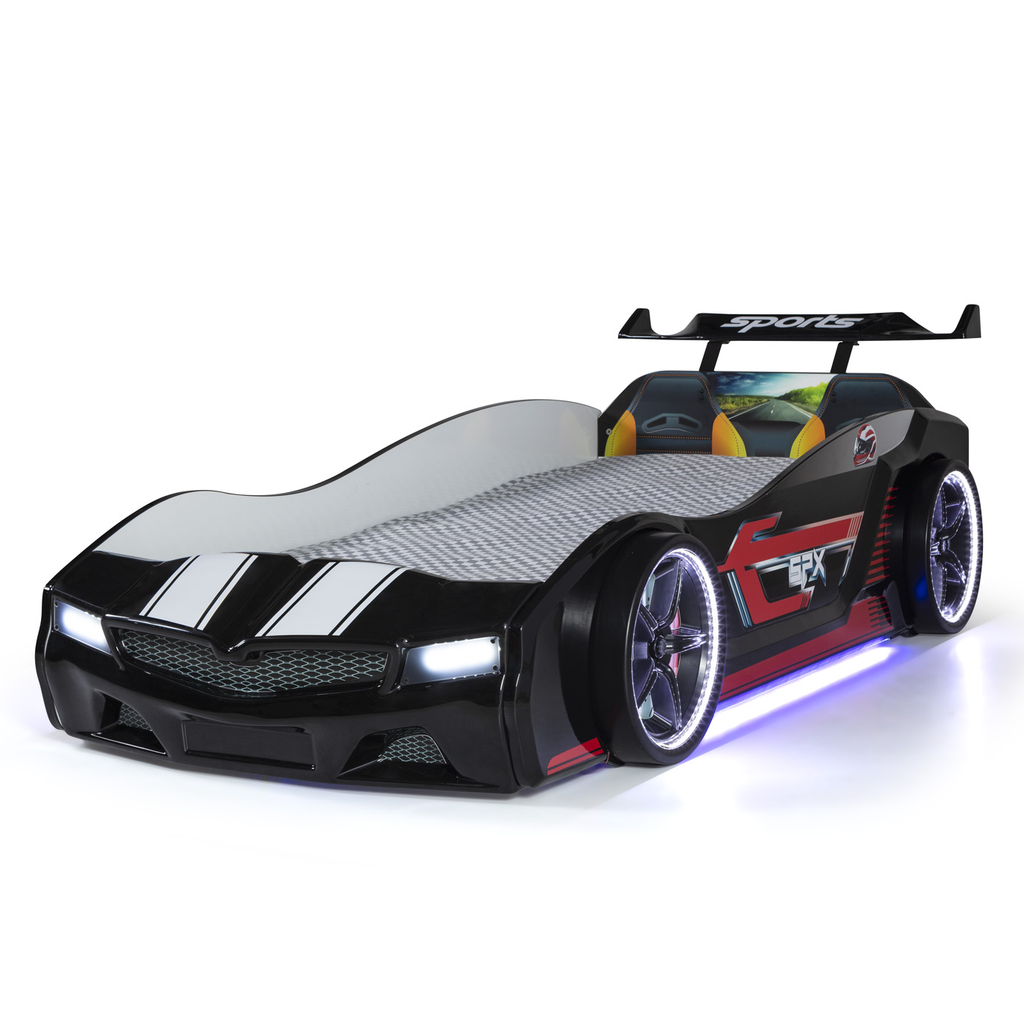 Black and white Thunder Racer Bed with glowing wheels and undercarriage lights for kids