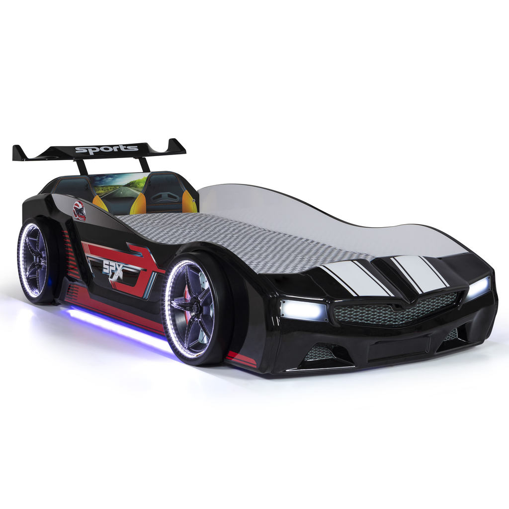 Black race car-themed Thunder Racer Bed with white racing stripes and working headlights