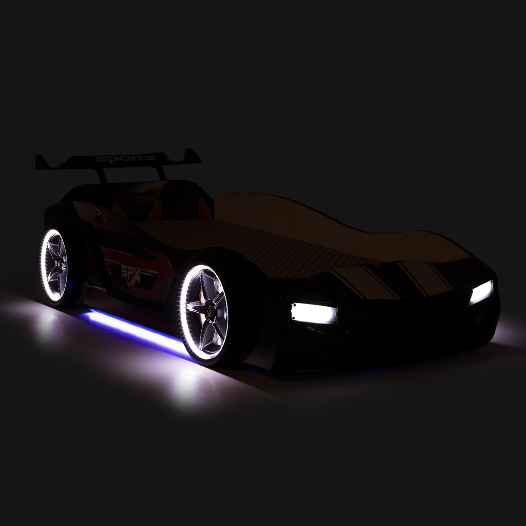 Thunder Racer Bed featuring a black car-shaped frame with glowing wheels and blue lighting