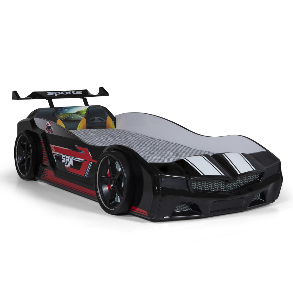 Black race car-themed twin bed with spoiler and white racing stripes for Lynda Kids Thunder Racer Bed