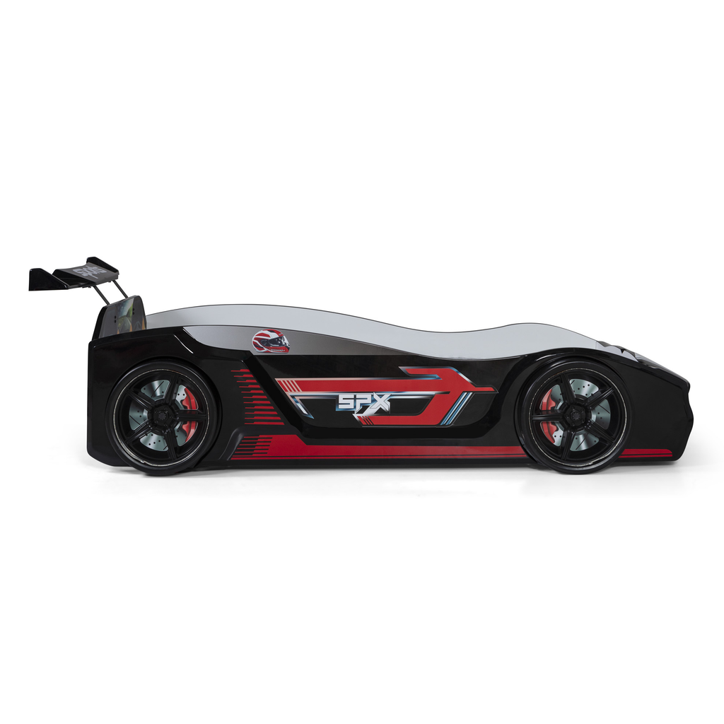 Black and red Thunder Racer Bed with race car design and spoiler for kids’ racer bed style