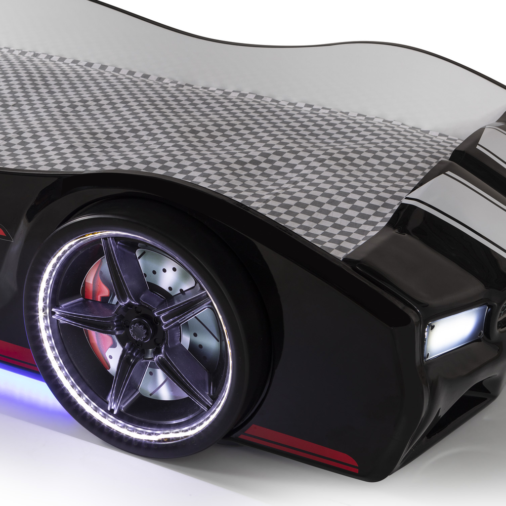 Black Thunder Racer Bed with checkered top and illuminated wheels for a racer bed look