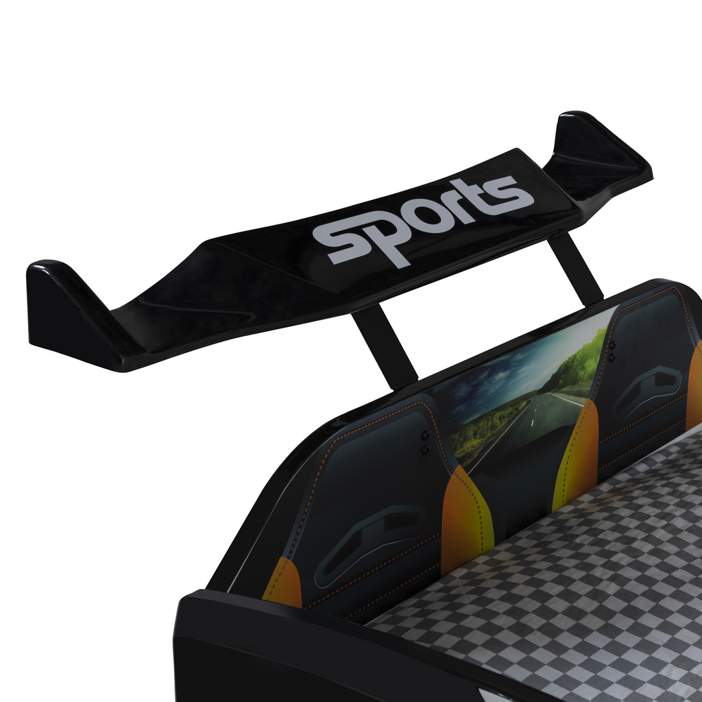 Black race car bed with sports spoiler and checkered flag bedding for Thunder Racer Bed