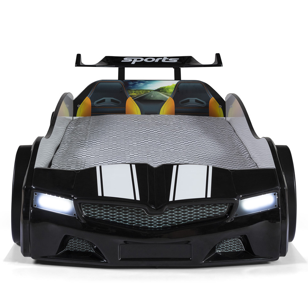Black car-shaped Thunder Racer Bed with white racing stripes and working headlights for Lynda Kids