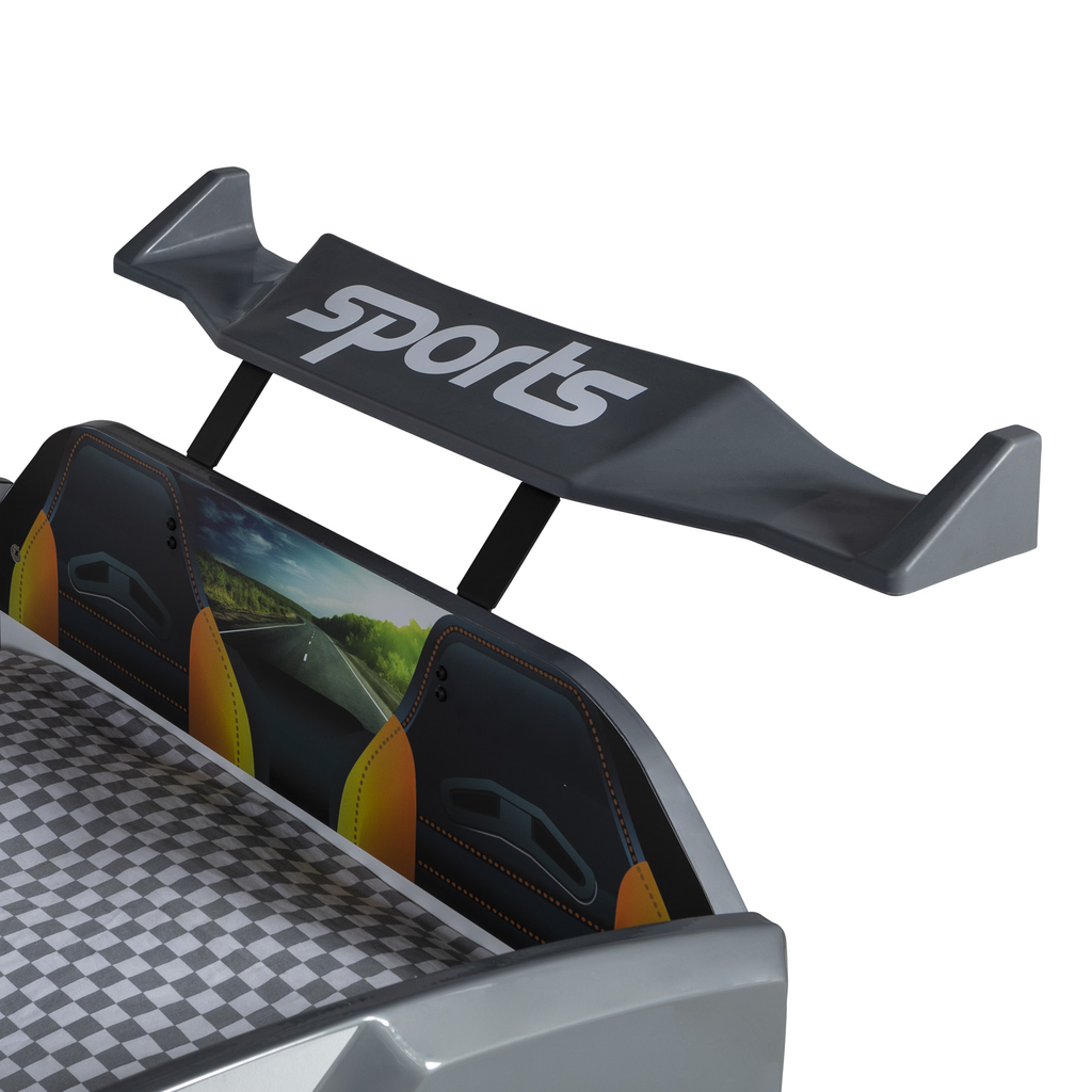 Grey toy car bed with sports spoiler and checkered flag design for Thunder Racer Bed