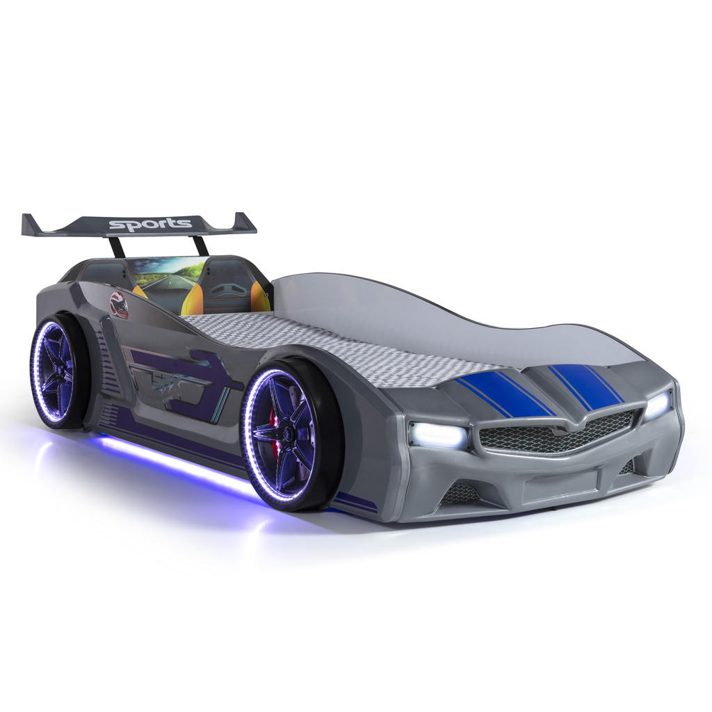 Gray race car-shaped bed with blue stripes and LED lights in the Thunder Racer Bed collection