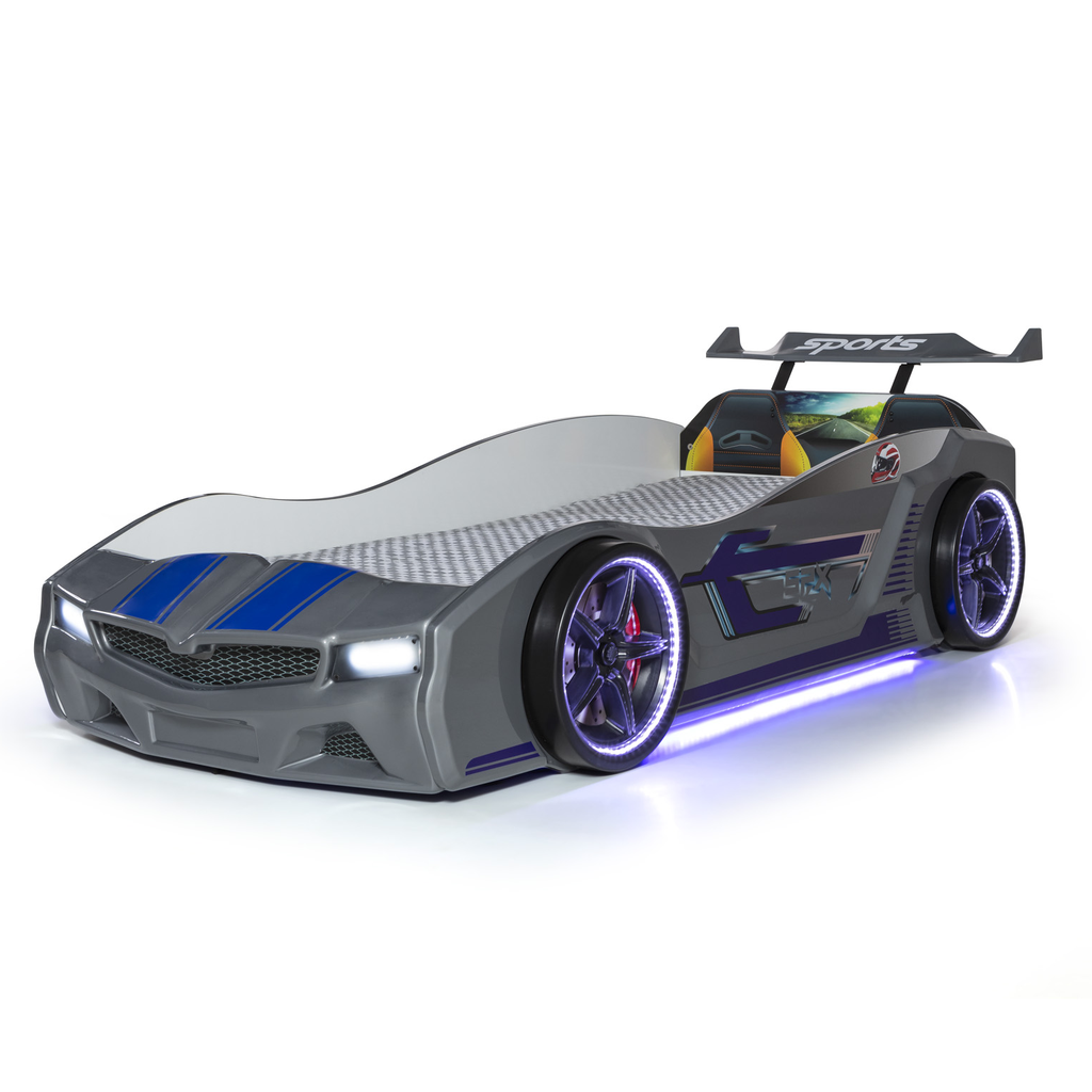 Thunder Racer Bed for Kids with racing stripes illuminated wheels and underglow lighting