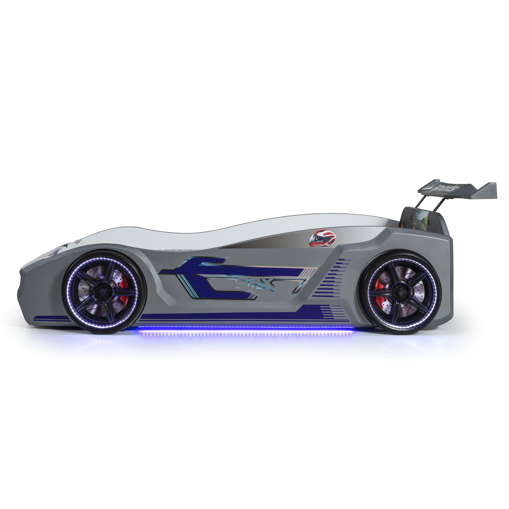 Futuristic gray Thunder Racer Bed with blue underglow lighting and illuminated wheels