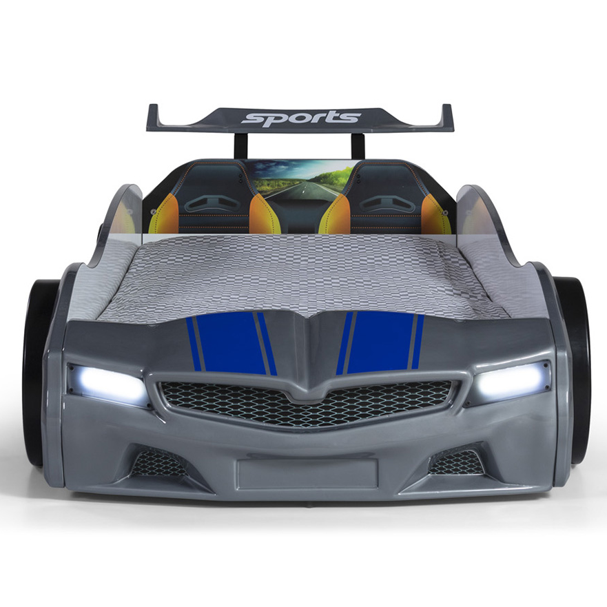 Gray Thunder Racer Bed with blue racing stripes, sports spoiler, and illuminated headlights