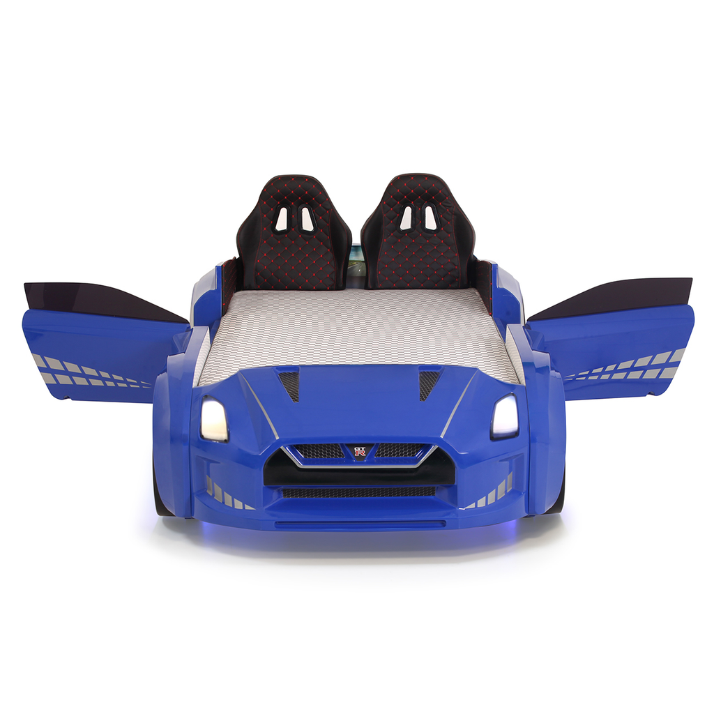 Blue GTR Racer Bed with car shape, bucket seats, and working headlights for kids
