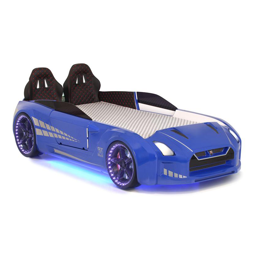 Blue GTR Racer Bed designed like a GTR Car with glowing wheels and two headrests