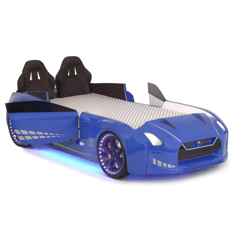 Blue GTR Racer Bed shaped like a GTR car with illuminated wheels and racing headrests