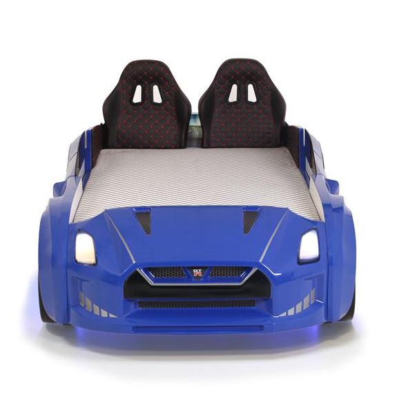 Blue GTR Racer Bed shaped like a race car with illuminated headlights and bucket seats