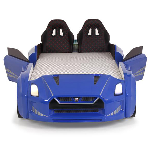 Blue GTR Racer Bed with racing seats and working headlights for a GTR car bed look