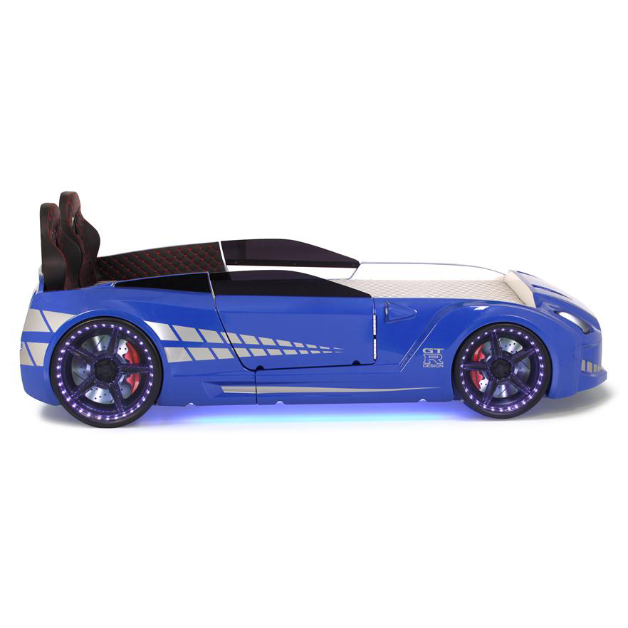 Blue GTR Racer Bed shaped like a GTR car with glowing wheels and undercarriage lights