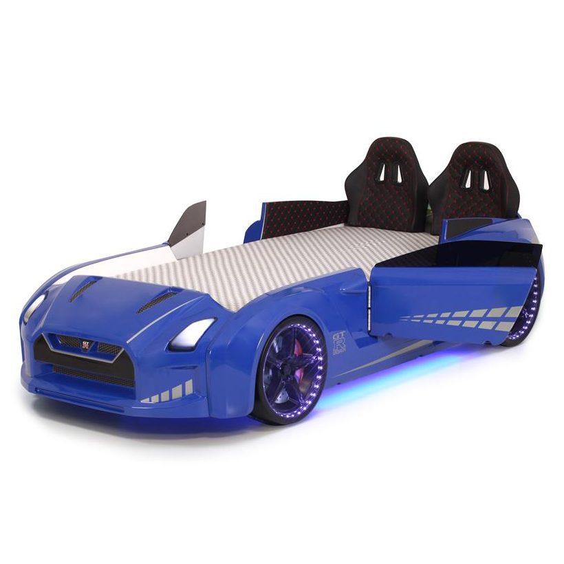 Blue GTR Racer Bed with racing seats, illuminated wheels, and butterfly doors