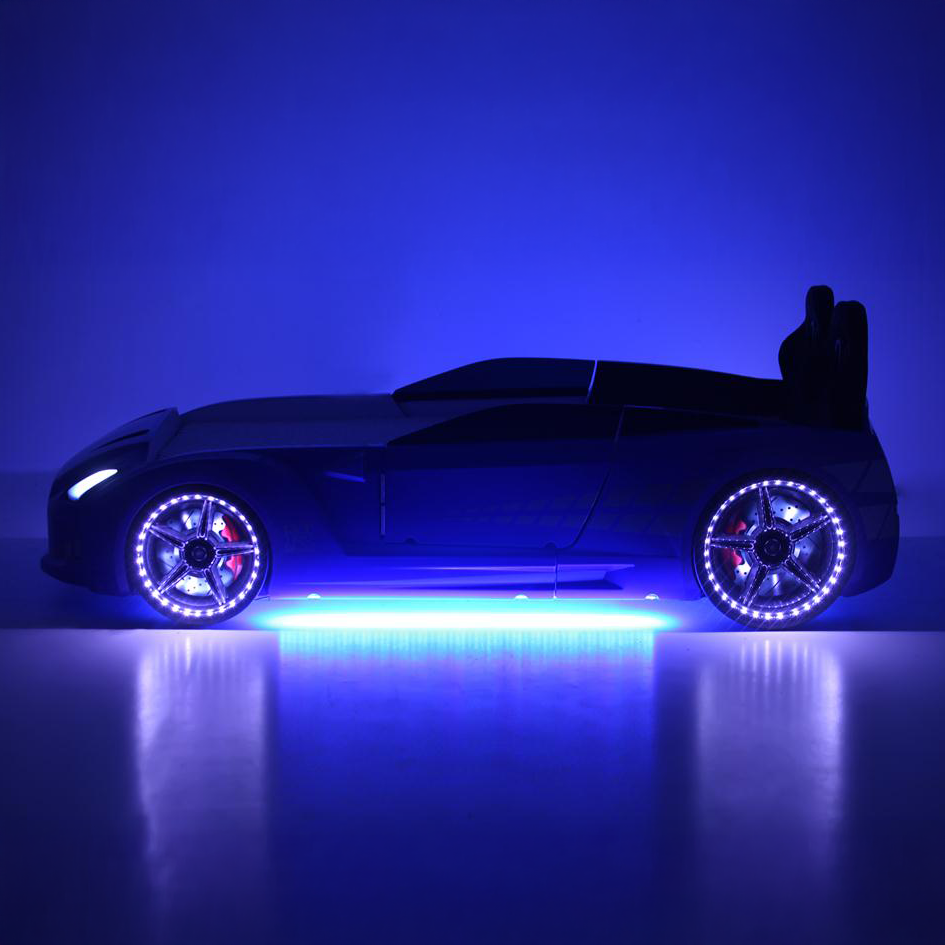 Blue illuminated GTR Racer Bed with GTR Car Bed design for kids’ bedrooms