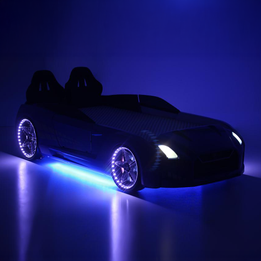 GTR Racer Bed featuring a sleek dark GTR car with glowing blue undercarriage lights