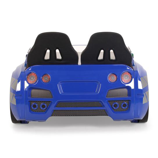 Blue GTR Racer Bed with car-shaped frame and black bucket seats for kids