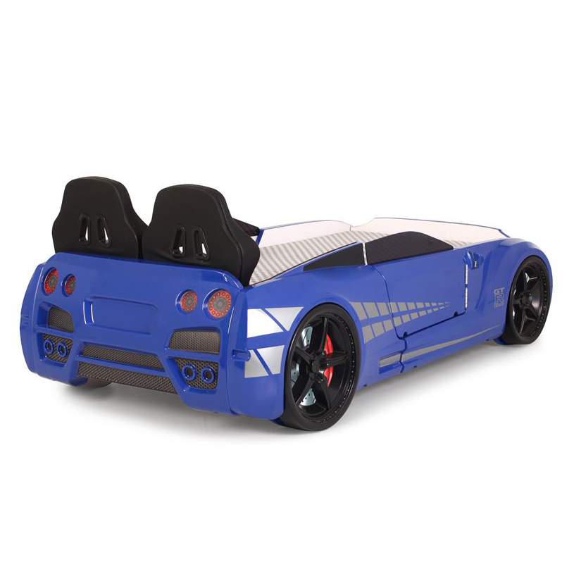 Blue GTR Racer Bed with black racing seats and silver decals for GTR Car Bed style