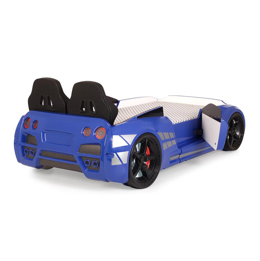 Blue and white GTR Racer Bed designed as a race car with black headrests for kids