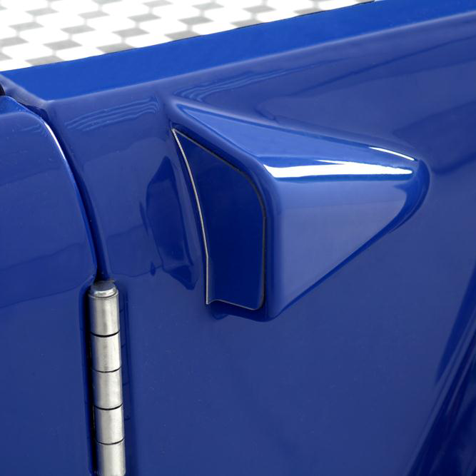 Shiny blue GTR Racer Bed vehicle body panel with chrome hinge and aerodynamic accent