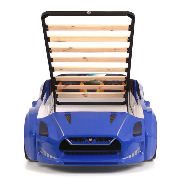 Blue GTR Racer Bed for kids with car shape and storage under the lifted slatted base