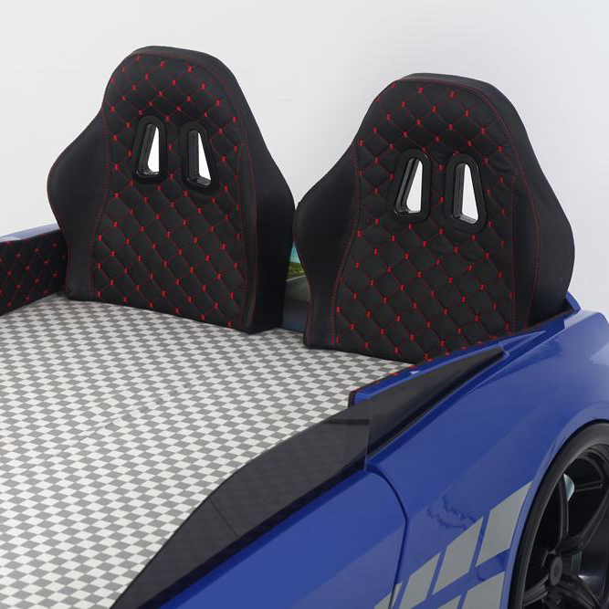 Blue GTR Car Bed with black racing-style headrests and red diamond stitching