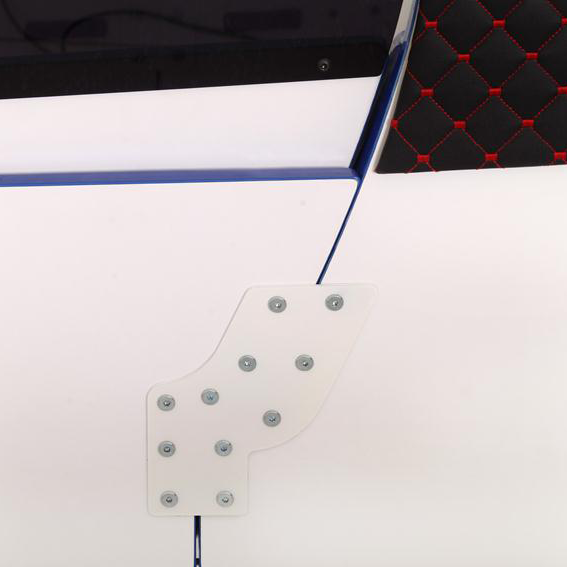 White and blue racing simulator pedal plate with quilted black and red footrest for GTR Racer Bed