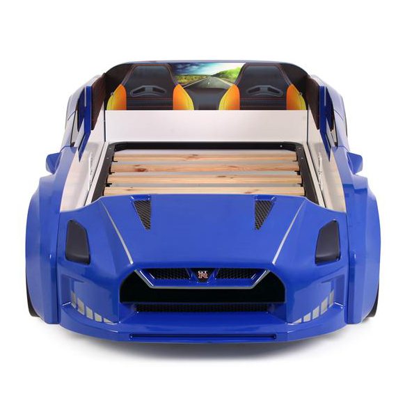 Blue GTR Racer Bed with road graphic, bucket seats, and wooden slat base for kids