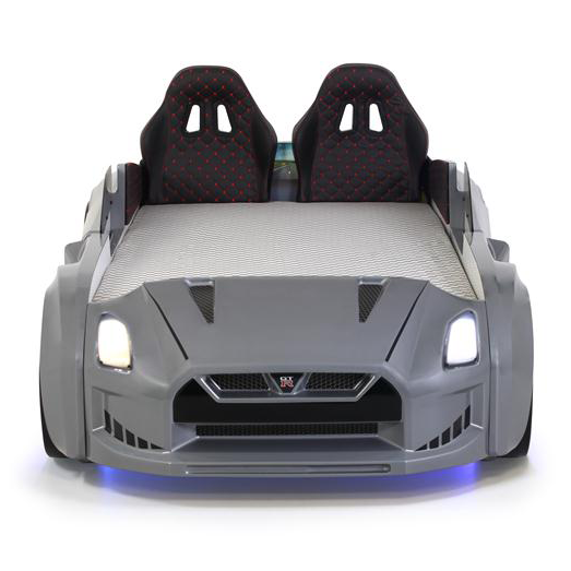 Gray GTR Racer Bed with car shape, racing seats, and LED lights for kids’ rooms