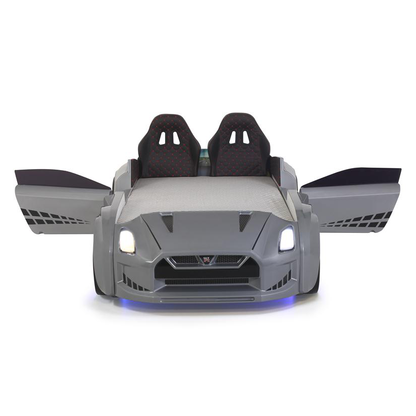 Grey GTR Racer Bed for kids with working headlights and openable doors, perfect GTR car bed