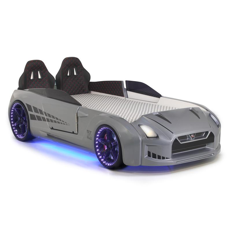 Gray GTR Car Bed with illuminated purple wheels and racing-style headrests