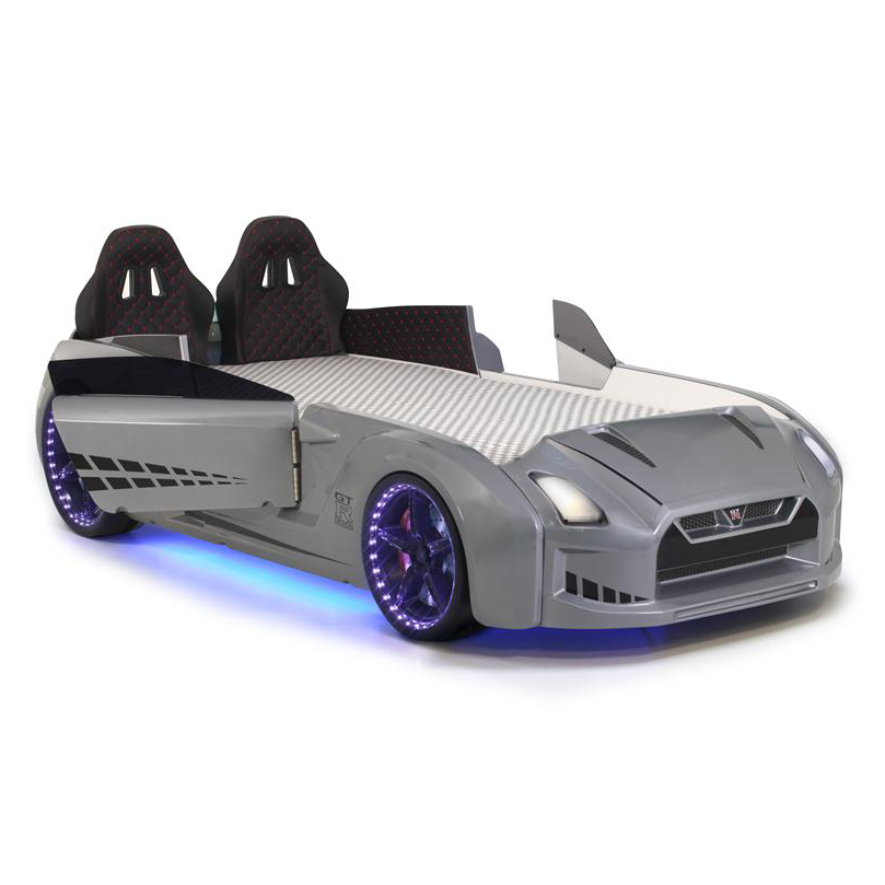 Gray GTR Racer Bed with purple illuminated wheels and black racing seats for kids