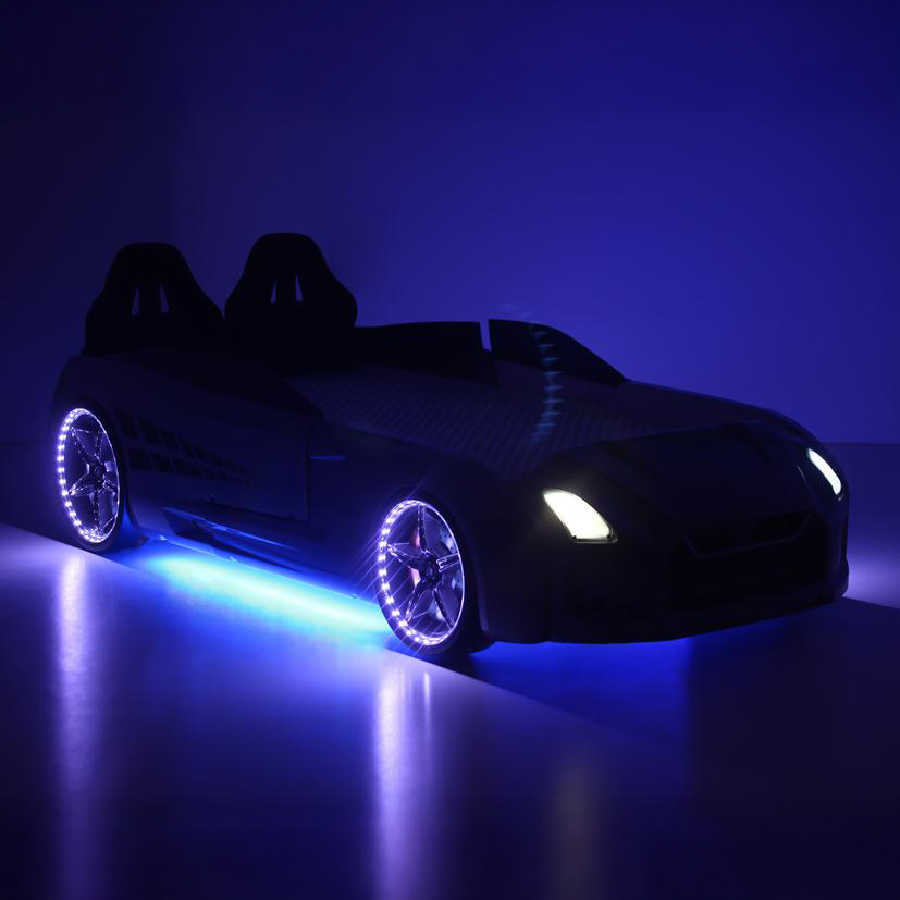 GTR Racer Bed featuring a dark GTR car with glowing blue underbody lights and illuminated wheel rims