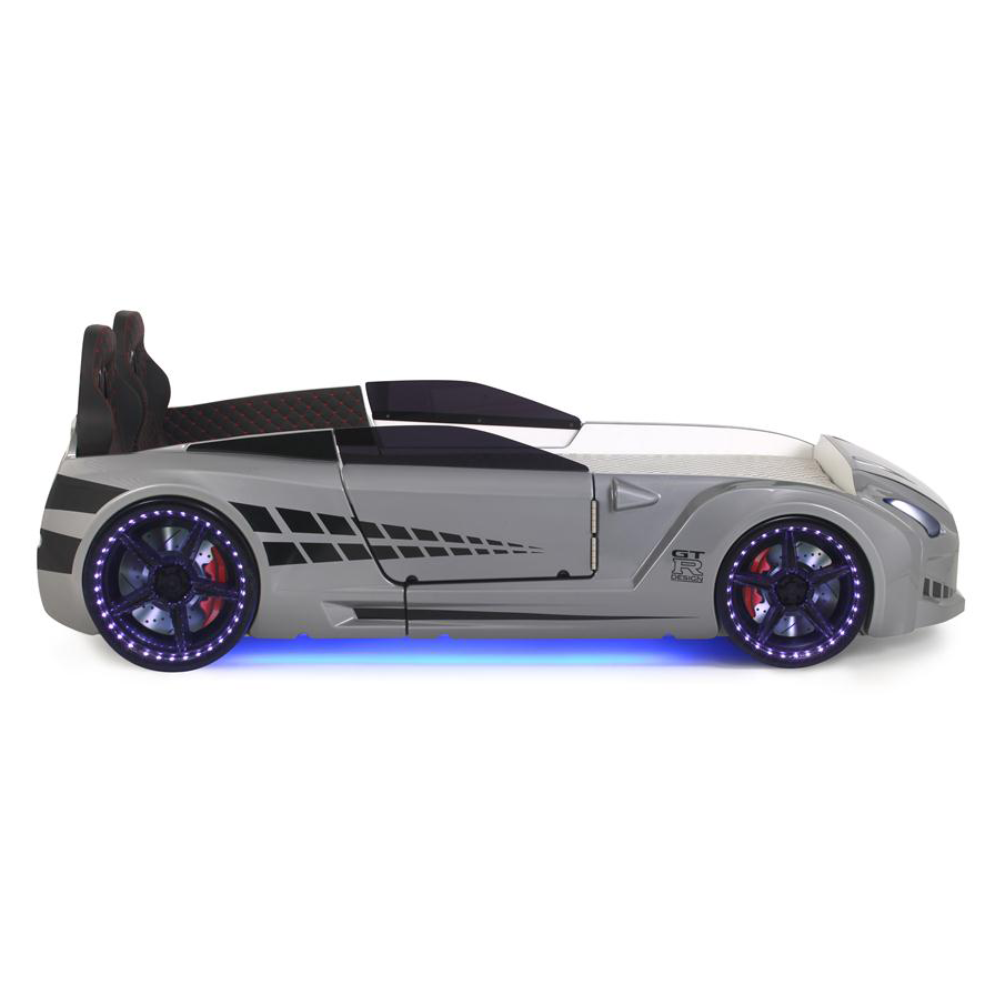 Silver GTR Racer Bed with blue underglow and illuminated wheels, perfect gtr car bed
