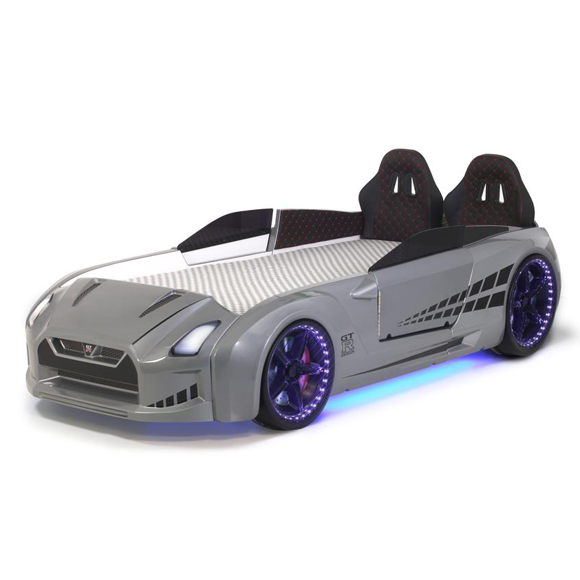 Gray GTR Racer Bed with illuminated purple wheels and blue underglow lighting