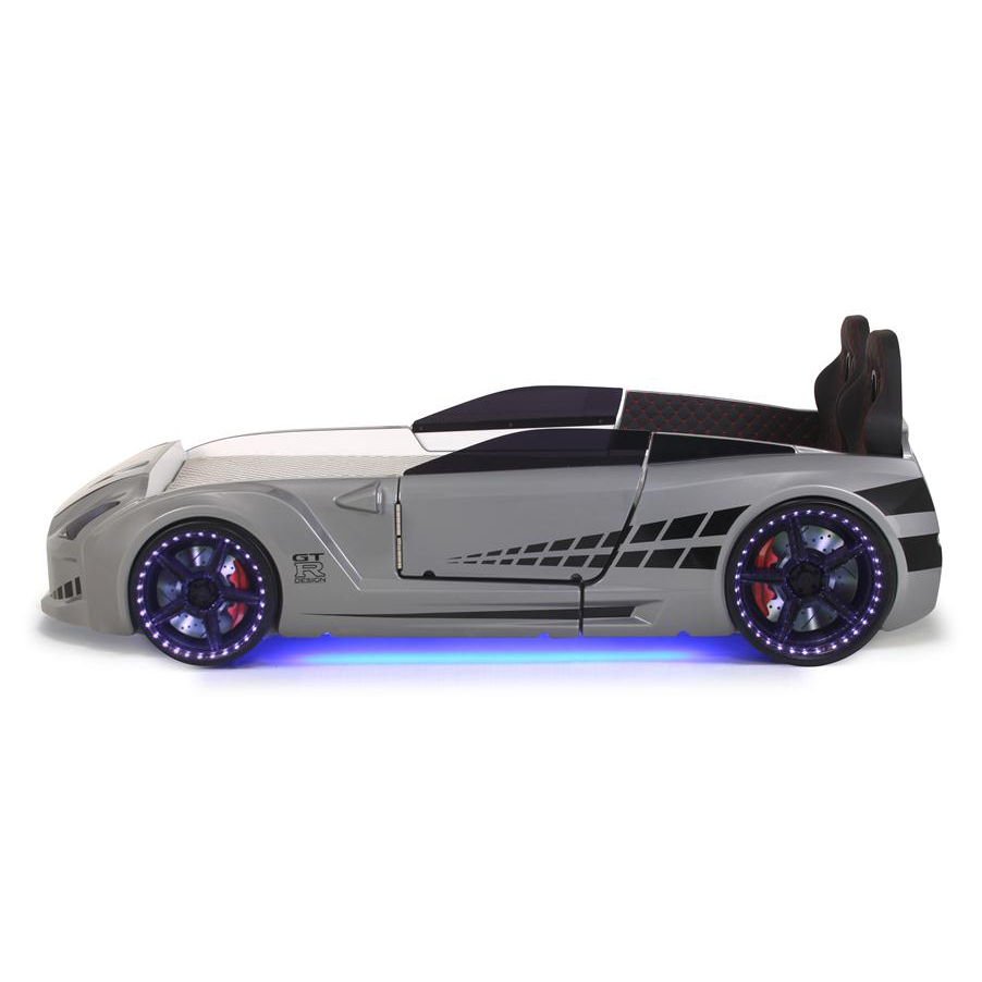 Gray GTR Racer Bed shaped like a GTR car with glowing wheels and underbody lights